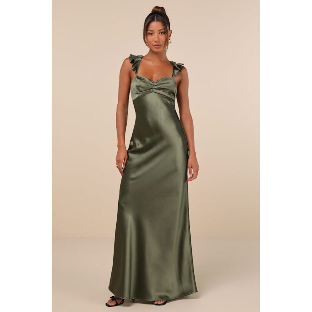 Lulus Exuberant Luxury Olive Green Satin Ruffled Lace-up Maxi Dress - Size M